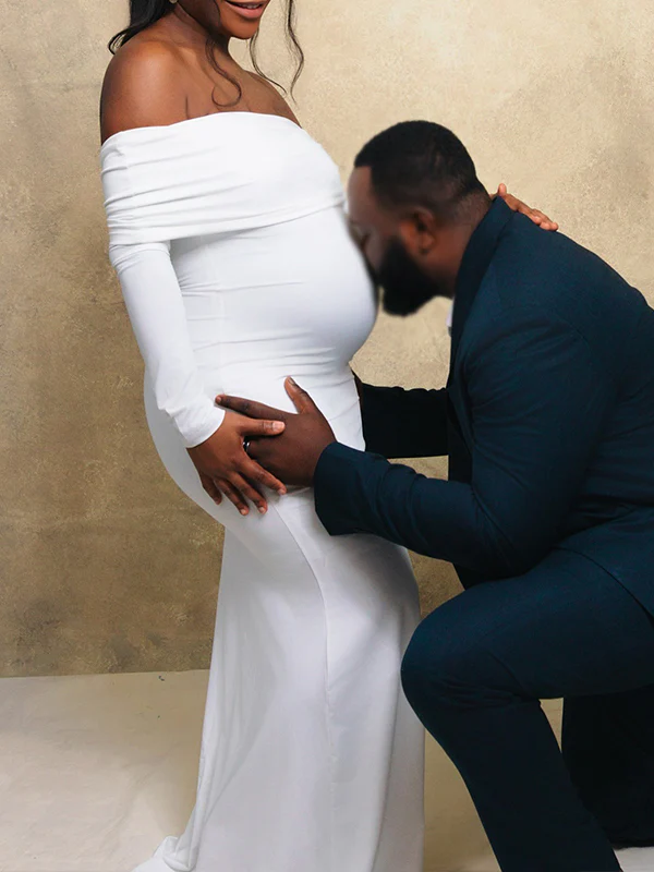 Momnfancy White Off Shoulder Backless Cut Out Bodycon Mermaid Party Long Sleeve Photoshoot Maternity Maxi Dress