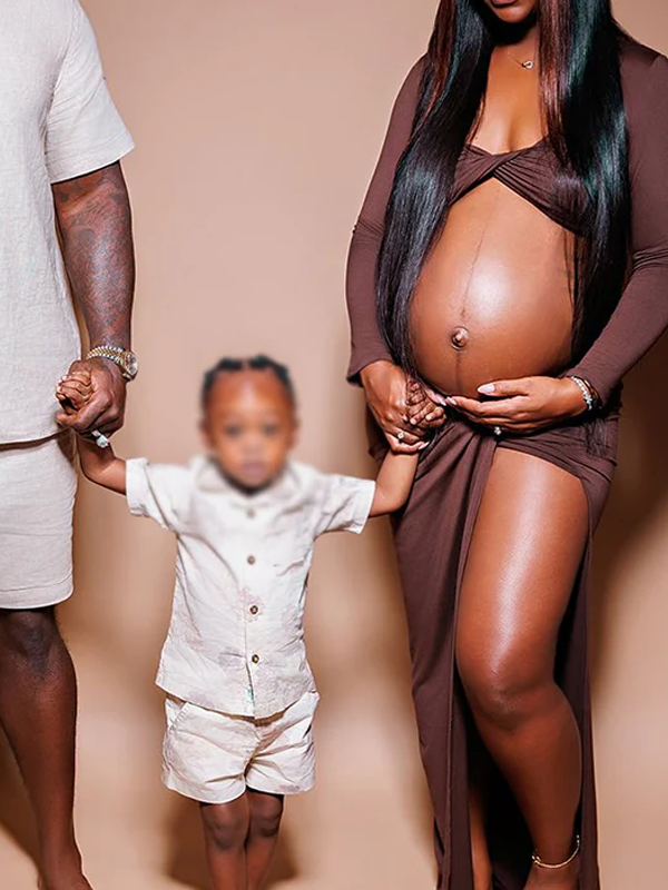 Momnfancy Brown Off Shoulder Cross Front Crop Side Slit 2-in-1 Photoshoot Maternity Maxi Dress