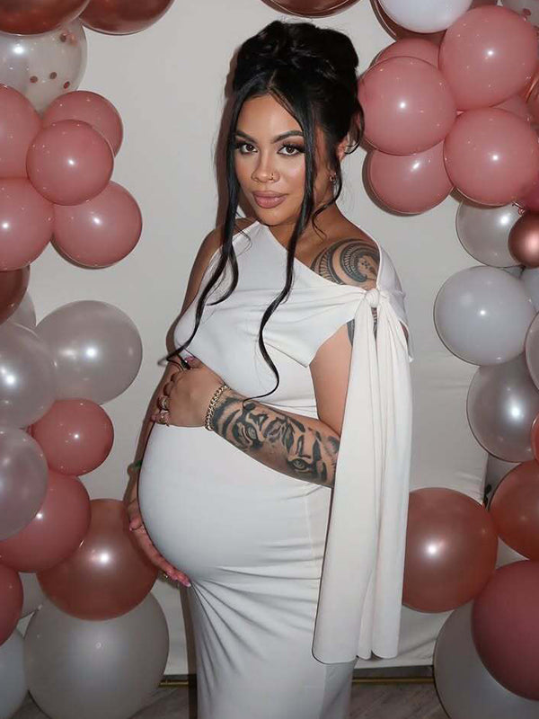 Momnfancy Strap Ties One Shoulder Baby Shower Maternity Maxi Dress