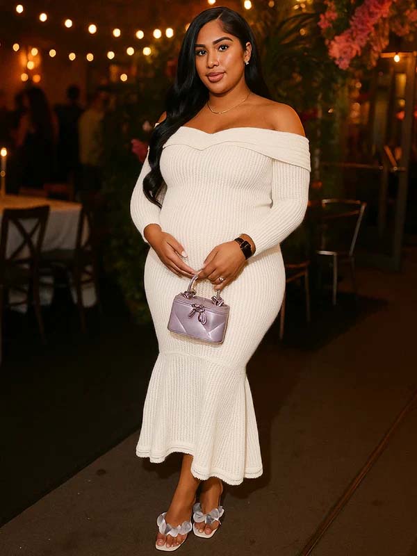 Momnfancy White Bowknot Off Shoulder Ruched Bodycon Evening Mermaid Gown Maternity Maxi Dress