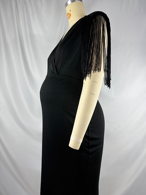 Momnfancy Black Tassel Fringe Cross Chest Mermaid Plus Size Elegant Maternity Maxi Dress