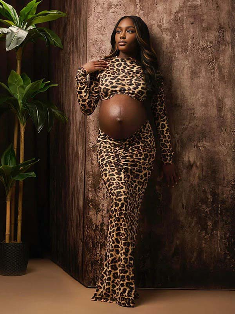 Momnfancy Lepoard 2-in-1 Bodycon Photoshoot Maternity Maxi Dress