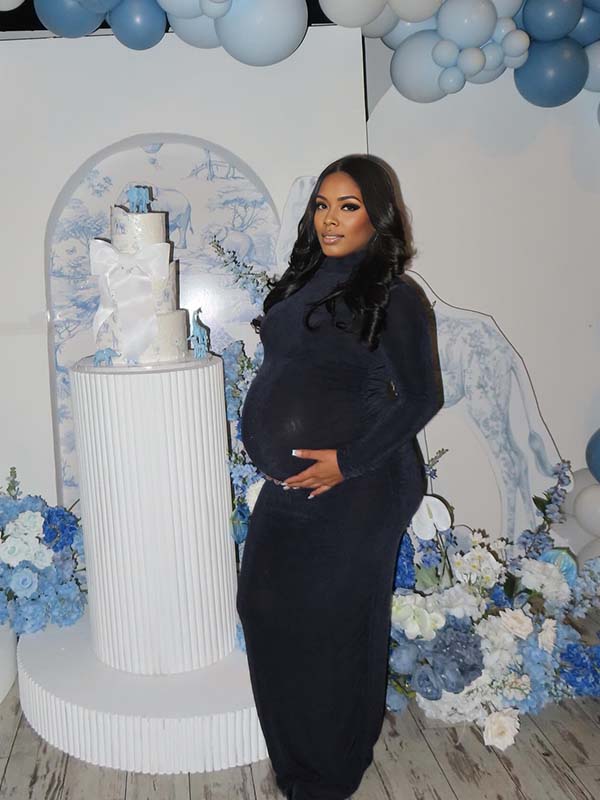 Momnfancy Flexible Bodycon Polo Neck Solid Color Baby Shower Maternity Maxi Dress