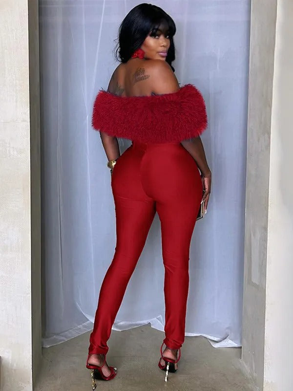 Momnfancy Off Shoulder Fluffy Fuzzy Bodycon Cap Sleeve Party Evening Baby Shower Maternity Jumpsuit