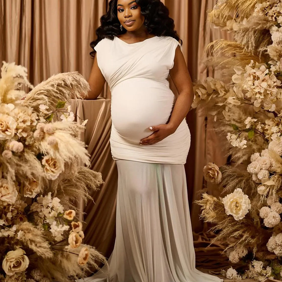 Momnfancy Mesh Ruched Bodice Drop Shoulder Flared Hem Photoshoot Maternity Maxi Dress