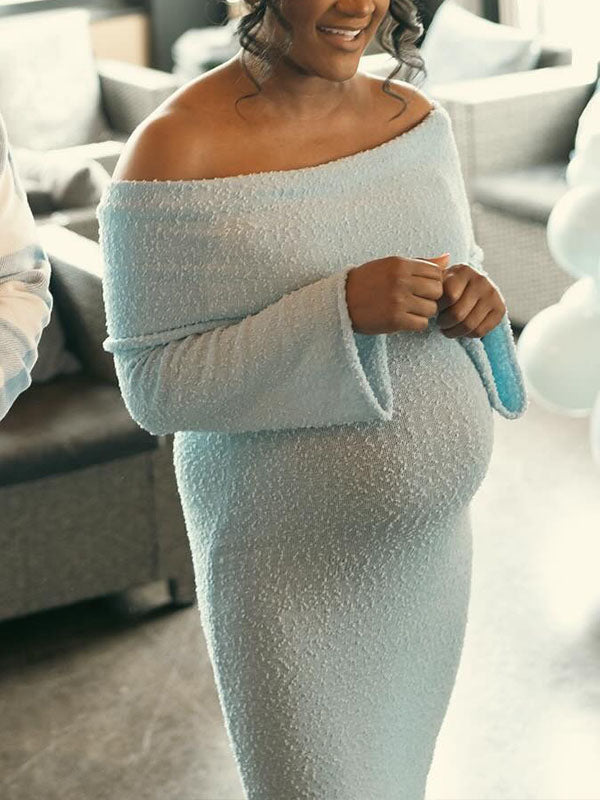 Momnfancy Blue Knitted Off Shoulder Bodycon Flare SleeveBaby Moon Maternity Baby Shower Maxi Dress
