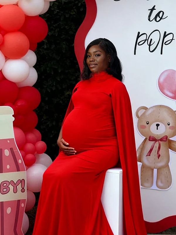 Momnfancy High Neck Spliced Cape Plus Size Party Evening Bodycon Maternity Baby Shower Maxi Dress