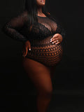 Momnfancy Black Rhinestone Fishnet Knitting Sheer Photoshoot Short Jumpsuit Maternity Bodysuit