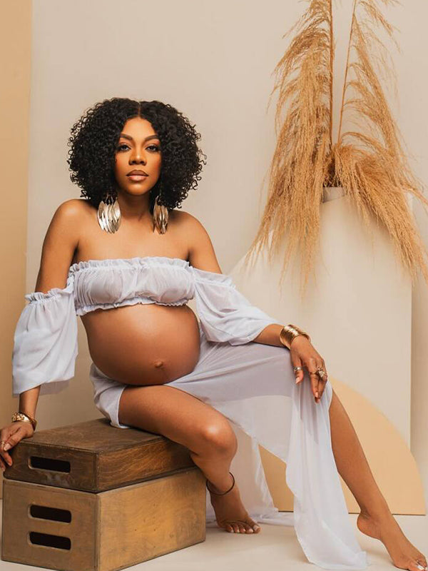 Momnfany Chic White Two Piece Falbala Slits On Both Sides Transparent Off Shoulder Flowy Beach Maternity Photoshoot Maxi Dress