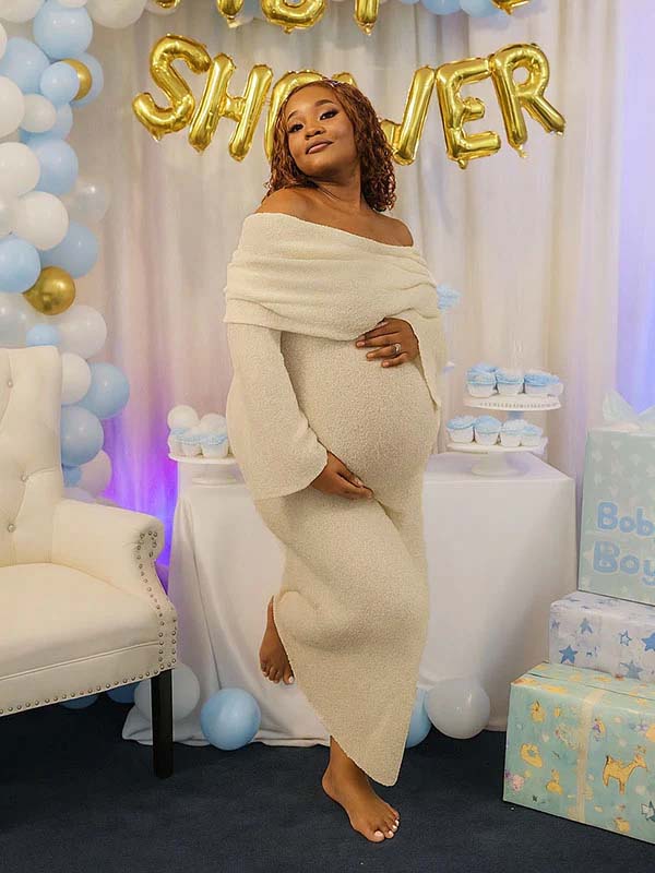 Momnfancy Solid Color Off Shoulder Knitwear Bodycon Baby Shower Maternity Maxi Dress