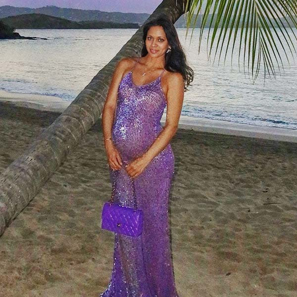 Momnfancy Spaghetti Strap Mermaid Open Back Sparkly Maternity Maxi Dress