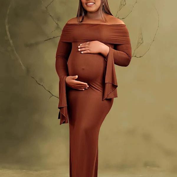 Momnfancy Boat Neck Flare Sleeve Maternity Maxi Dresses