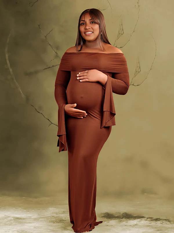 Momnfancy Boat Neck Flare Sleeve Maternity Maxi Dresses