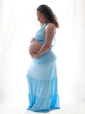 Momnfancy Blue 2-in-1 Ruffle Twist Backless Photoshoot Maternity Maxi Dress