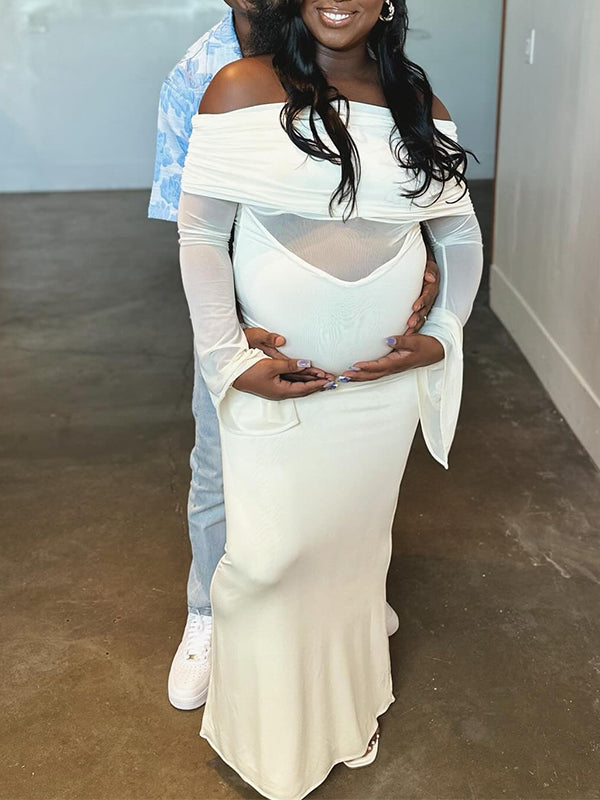 Momnfancy Boat Neck Flare Sleeve Sheer Maternity Maxi Dresses