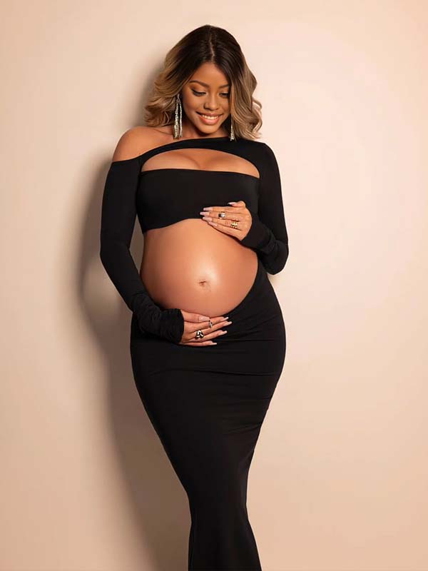 Momnfancy Black One Shoulder Cut Out Crop Bodycon Long Sleeve Evening Gowns Photoshoot Maternity Maxi Dress