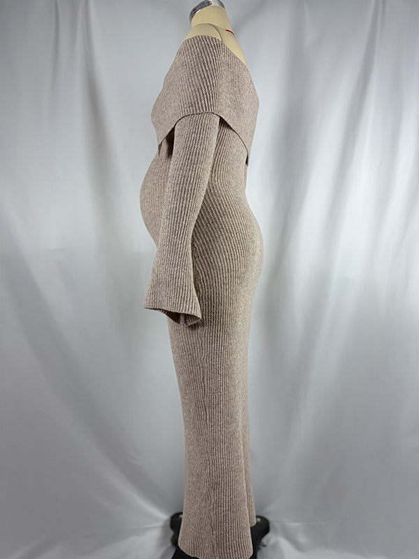 Momnfancy Off Shoulder Fluffy Knit Bardot Neckline Flare Sleeve Bodycon Elegant Going Out Party Maternity Photoshoot Baby Shower Maxi Sweater Dress