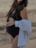 Momnfancy Black Cut Out Backless Deep V-neck High Waisted Pregnancy Bikini Maternity Swimwear