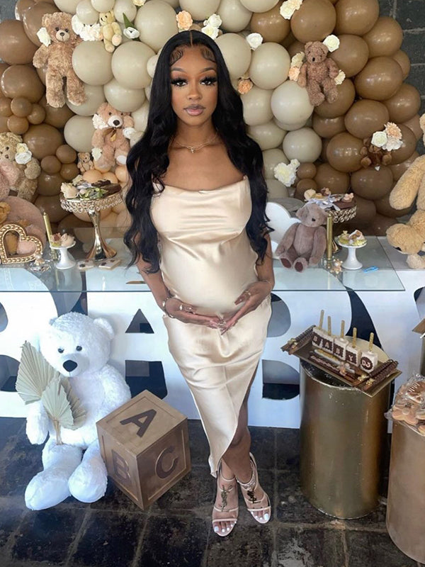 Momnfancy Satin Spaghetti Strap Tie Back Backless Baby Shower Maternity Maxi Dress