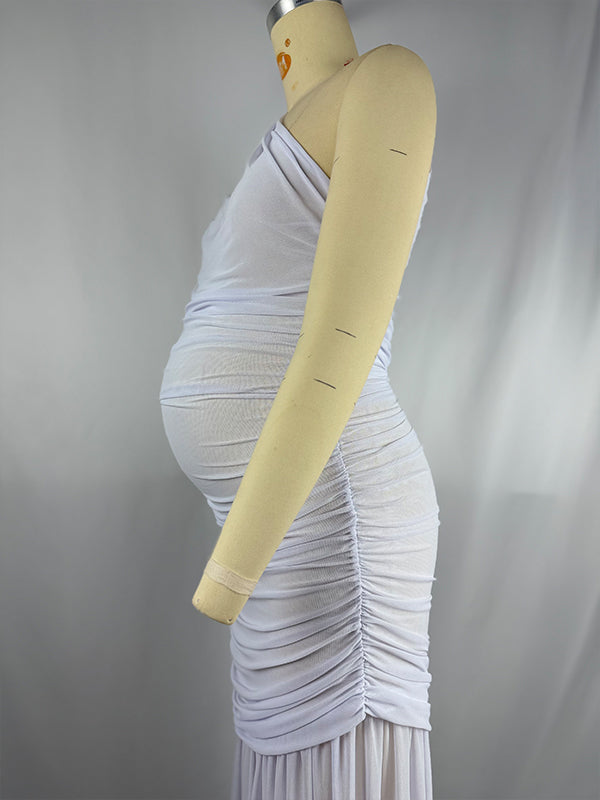 Momnfancy One Shoulder Mesh Ruched Mermaid Evening Gown Baby Shower Maternity Maxi Dress