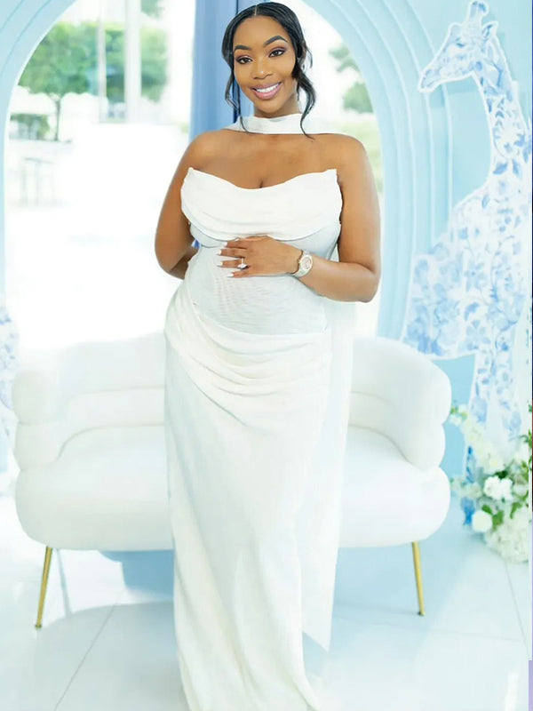 Momnfancy White Bandeau Ruched Bodycon Tie Back Mesh Splicing Mermaid Evening Gown Plus Size Photoshoot Maternity Maxi Dress