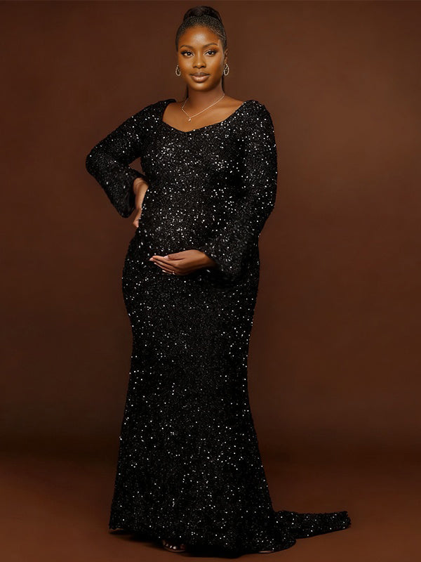 Momnfancy Sparkly Trailing Waist-cinching Mermaid Photoshoot Maternity Maxi Dress