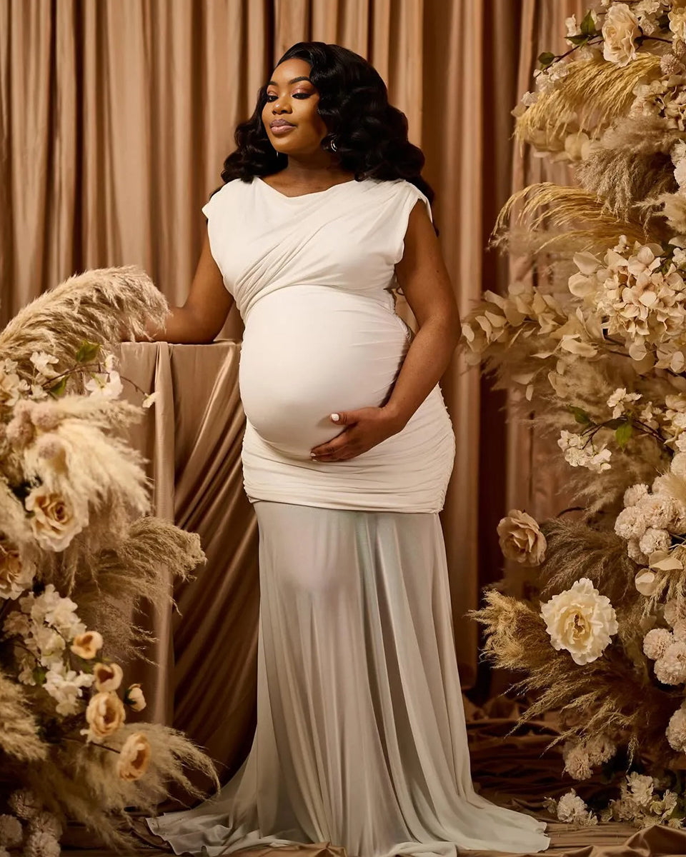 Momnfancy Mesh Ruched Bodice Drop Shoulder Flared Hem Photoshoot Maternity Maxi Dress