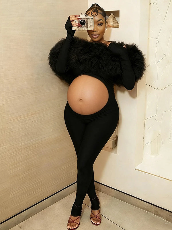 Momnfancy Off Shoulder Cut Out Fluffy Fuzzy Crop Bodycon Long Sleeve Party Evening Baby Shower Maternity Jumpsuit