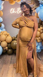 Momnfancy Gold Cut Out Side Slit One Shoulder Bodycon Evening Gowns Babyshower Maternity Maxi Dress