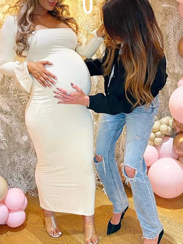 Momnfancy Elegant Long Sleeve Maternity Dress Ultimate Baby Shower Outfit White Bodycon Dress