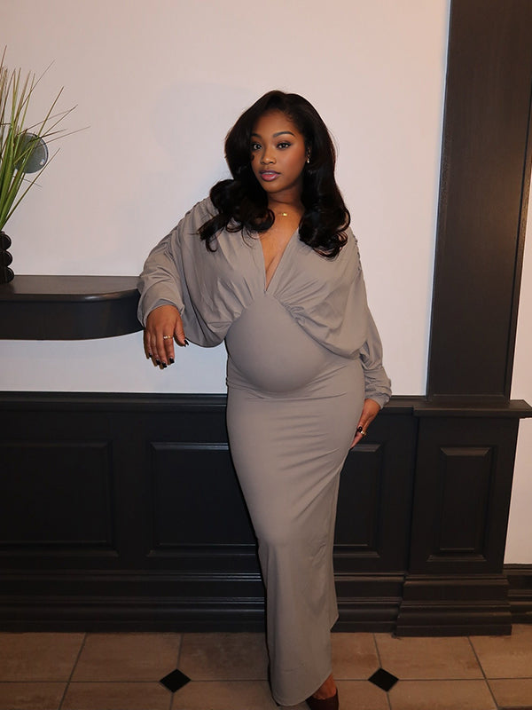Momnfancy Dolman Sleeve Mermaid Waist-cinching Solid Color Photoshoo Maternity Maxi Dress