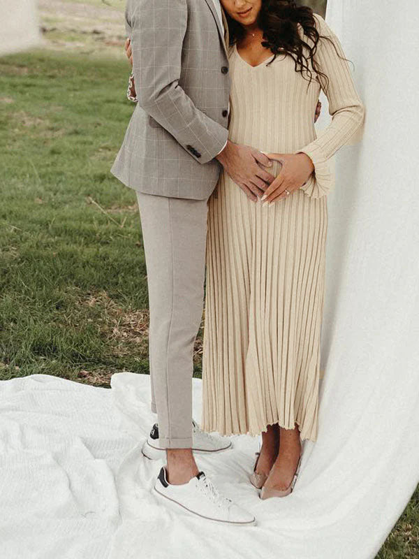 Momnfancy Knit Pleated Big Swing V-neck Plus Size Sweater Elegant Going Out Maternity Photoshoot Baby Shower Maxi Dress