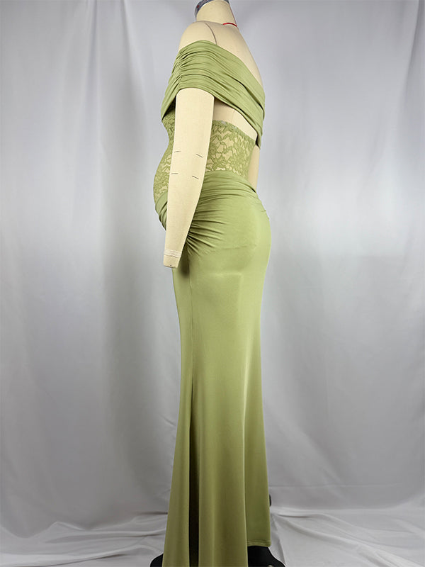Momnfancy Green Off Shoulder Lace Sheer Splicing Ruched Bodycon Baby Shower Maternity Maxi Dress