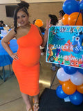 Momnfancy Orange Oblique Shoulder Ruched Maternity Baby Shower Midi Dress