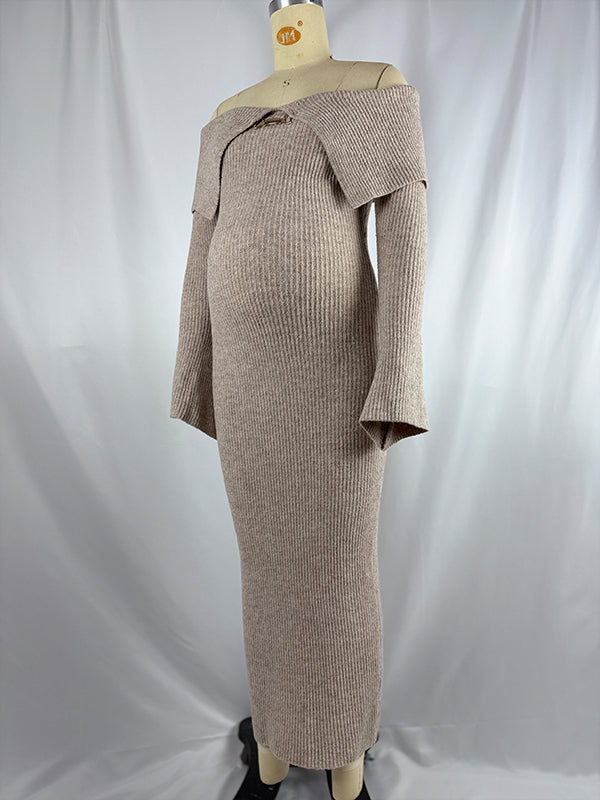 Momnfancy Off Shoulder Fluffy Knit Bardot Neckline Flare Sleeve Bodycon Elegant Going Out Party Maternity Photoshoot Baby Shower Maxi Sweater Dress