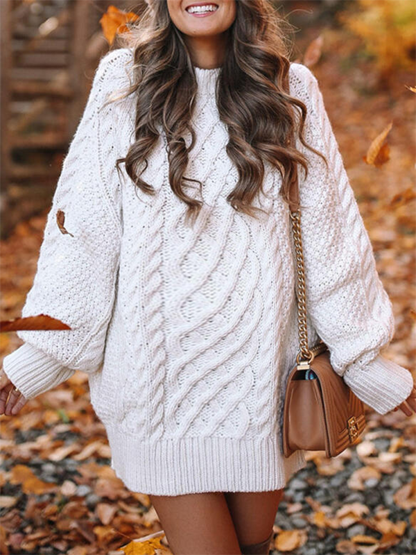 Momnfancy White Oversized Cable Knitting Streetwear Top Mini Maternity Pullover Sweater Dress