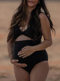 Momnfancy Black Cut Out Backless Deep V-neck High Waisted Pregnancy Bikini Maternity Swimwear