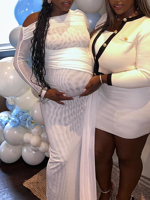 Momnfancy White Mesh Irregular Ruched Draped Off Shoulder Bodycon Baby Shower Maternity Maxi Dress