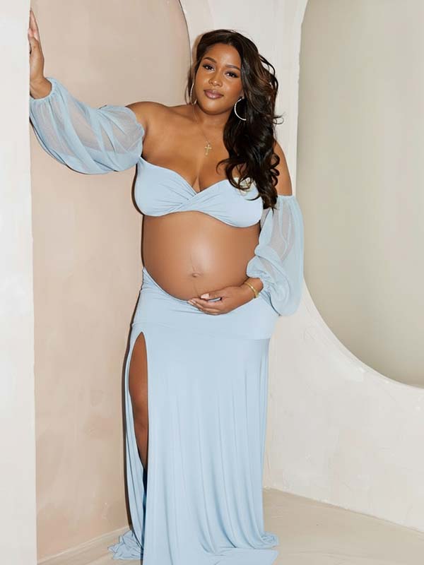 Momnfancy Off Shoulder Side Slit Train Crop Multi Way Two Piece Set Boho Photoshoot Maternity Maxi Dress