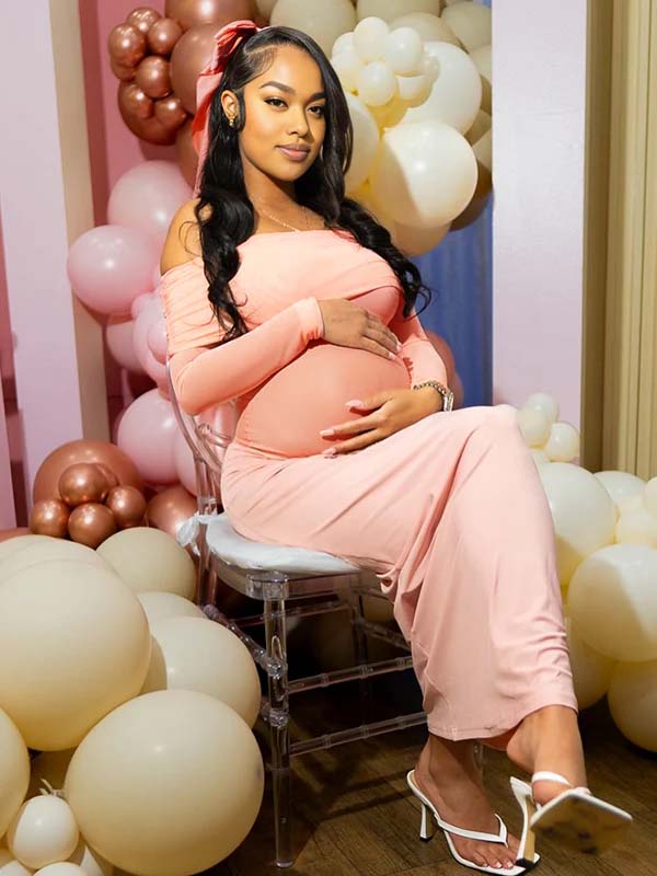 Momnfancy Mesh Splicing Ruched Off Shoulder Bodycon Elegant Long Sleeve Baby Shower Maternity Maxi Dress