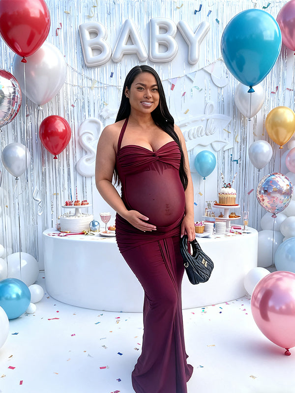 Momnfancy Halter Neck Mermaid Bodycon Sheer Ruched Maternity Maxi Dress