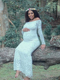 Momnfancy White Lace Sequin Off Shoulder Mermaid Maternity Photoshoot Maxi Dress