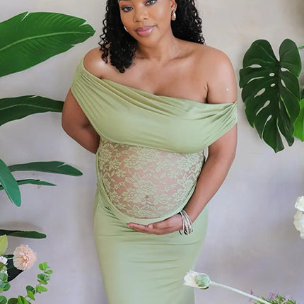 Momnfancy Green Off Shoulder Lace Sheer Splicing Ruched Bodycon Baby Shower Maternity Maxi Dress