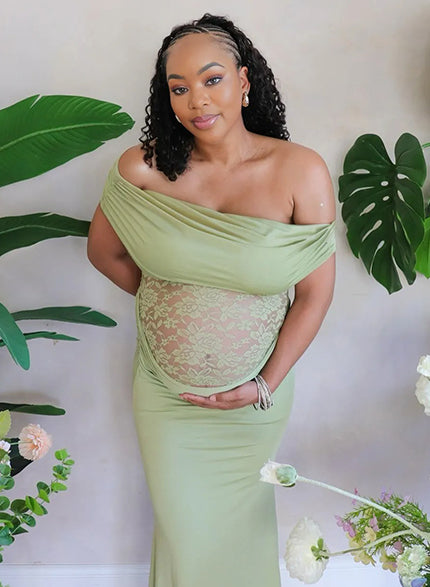 Momnfancy Green Off Shoulder Lace Sheer Splicing Ruched Bodycon Baby Shower Maternity Maxi Dress