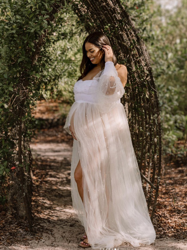 Momnfancy Boat Neck Trailing Tulle Tutu Maternity Maxi Dresses