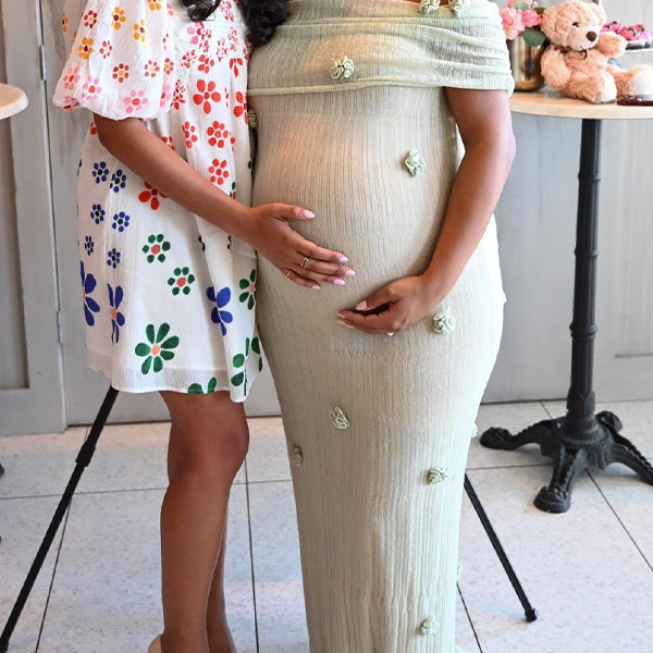 Momnfancy Matcha 3D Flowers Off Shoulder Babyshower Maternity Maxi Dress