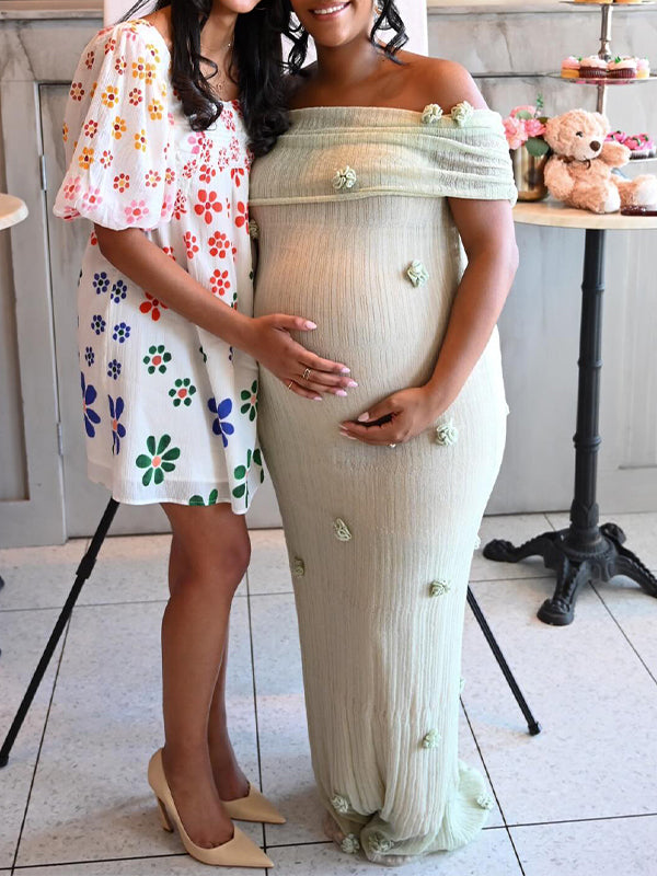 Momnfancy Matcha 3D Flowers Off Shoulder Babyshower Maternity Maxi Dress