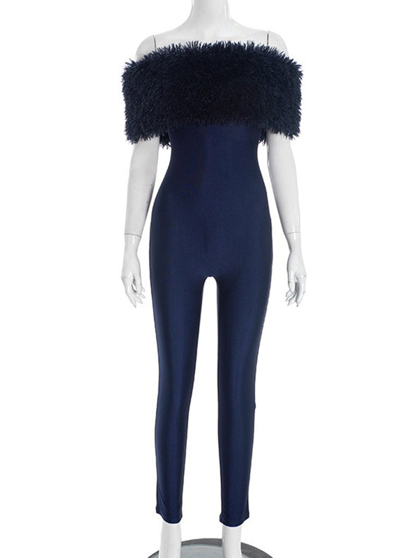 Momnfancy Off Shoulder Fluffy Fuzzy Bodycon Cap Sleeve Party Evening Baby Shower Maternity Jumpsuit