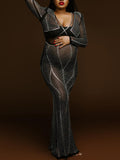 Momnfancy Black Mesh Rhinestone Diamond V-neck Mermaid Sheer Evening Gown Elegant Maternity Club Photoshoot Maxi Dress