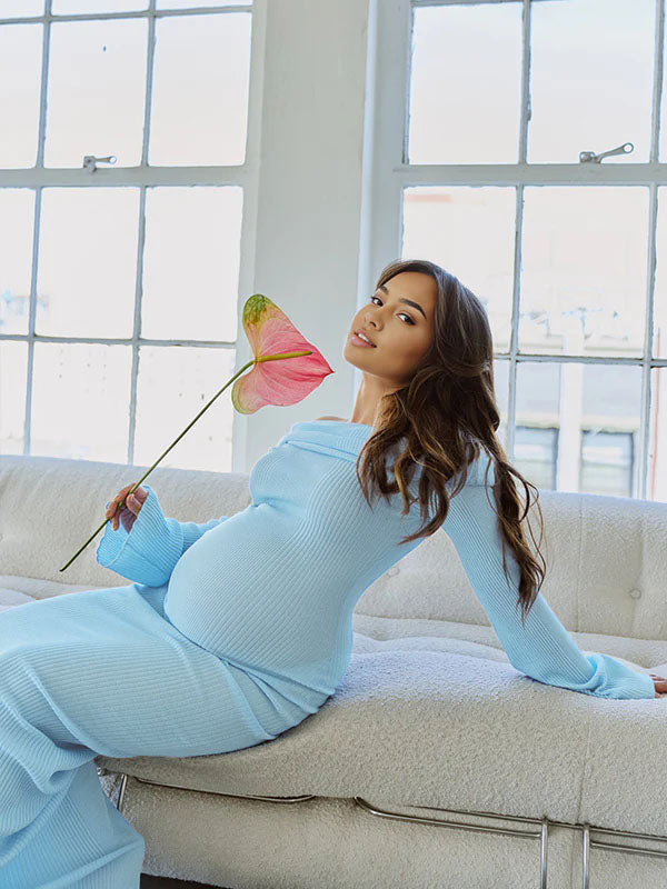 Momnfancy Blue Knit Ruched Off Shoulder Flare Sleeve Bodycon Elegant Cocktail Party Gown Maternity Photoshoot Baby Shower Maxi Dress